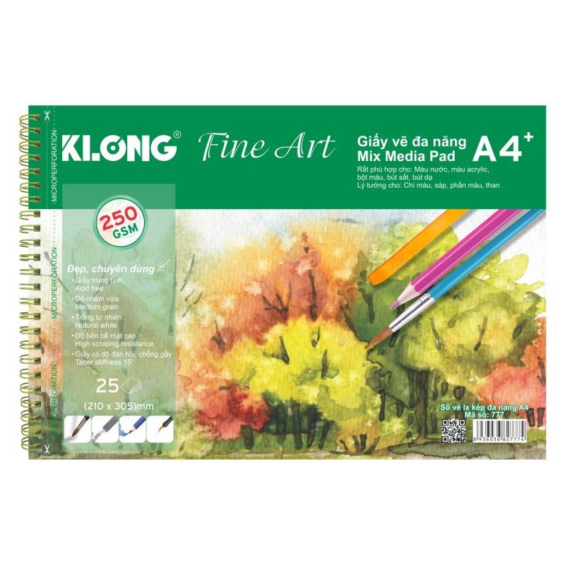 Sổ vẽ màu nước KLong a4 250mgs (25 tờ) giống giấy canson