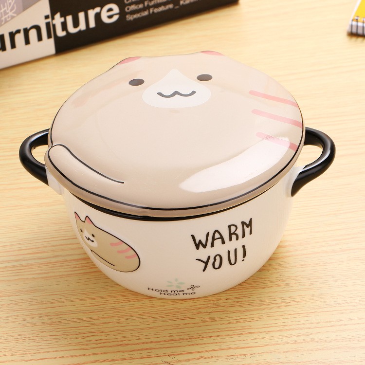 Bộ tô sứ Mèo Warm You kèm dĩa muỗng màu trắng cao cấp