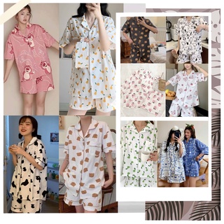 SUSQ1 Đồ bộ Pijama nam nữ ngủ mặc nhà gấu xanh trắng cộc tay cute Quần sooc đùi short ngắn áo cổ vest form rộng unisex