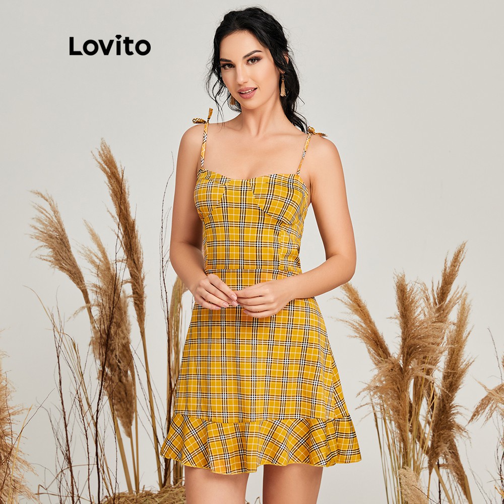 Đầm Lovito viền bèo kẻ sọc phong cách Preppy L14X063 (màu vàng)