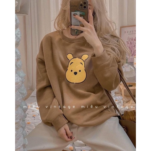 Set quần áo 🌸 Bộ áo nỉ tay bồng quần dài màu nâu be gấu POOH oversize style Ulzzang dành cho nữ PHULA | BigBuy360 - bigbuy360.vn