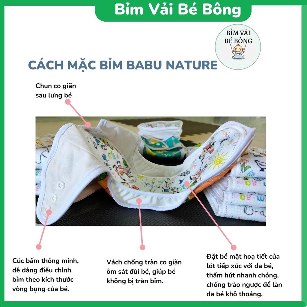 [ƯU ĐÃI] - [3 QUẦN+6 LÓT] Combo 3 Bộ Bỉm Vải Babu Nature Chống Hăm + Tràn Cho Bé - Giặt Được, Size M,L