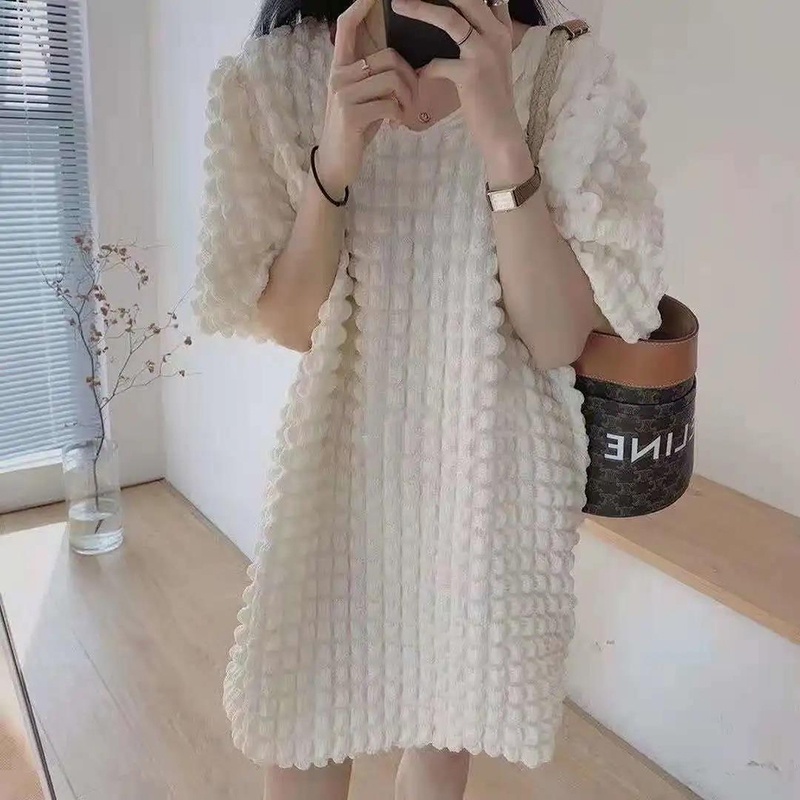 IELGY Đầm Tay Phồng Họa Tiết Sọc Caro Thời Trang Mùa Hè