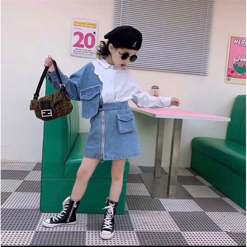 Siêu Phẩm set jean cho bé gái : 1 áo sơmi phối jean + 1 chân váy jean siêu đẹp cho bé 12-24kg