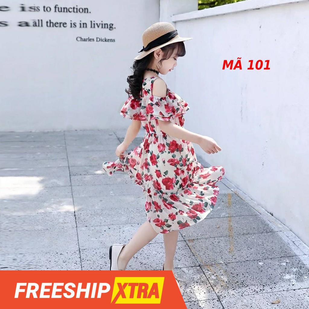 Đầm bé gái maxi trễ vai cao cấp mã 101, voan mềm mịn cho bé gái 13kg-50kg