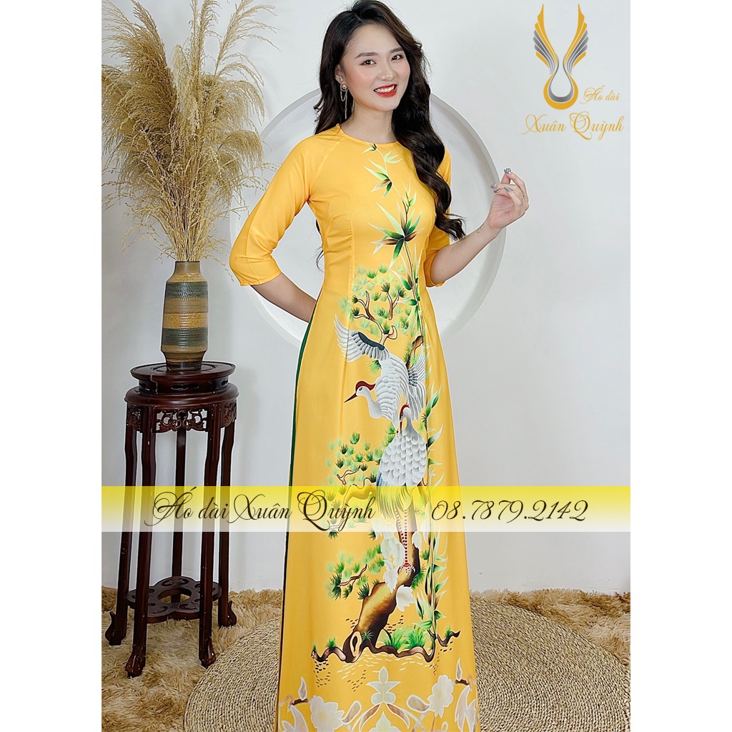 Áo Dài Hồng Hạc Vàng Sang Trọng Lụa Habutai K03 Vàng - Áo dài Xuân Quỳnh