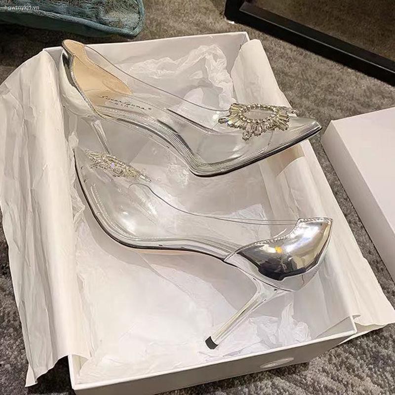 ℗high heels female 2021 new crystal diamond buckle transparent single shoes stiletto pointed toe fashion all-match fairy wedding