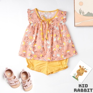 Set Bộ Kid rabbit Bé Gái Chất Liệu Thô Thoáng Mát Form Áo Baby Doll Tay Viền Bèo Và Cổ Thắt Nơ Điệu Đà B062