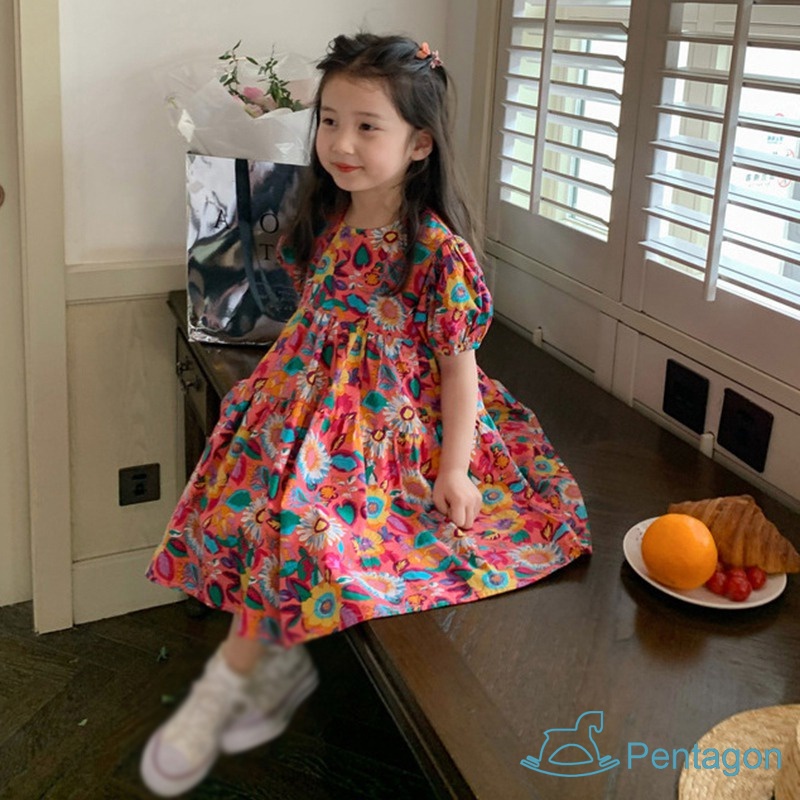 Đầm Công Chúa Dáng Rộng Tay Phồng Cổ Tròn Thoáng Khí Thân Thiện Với Da Thời Trang Cho Bé Gái