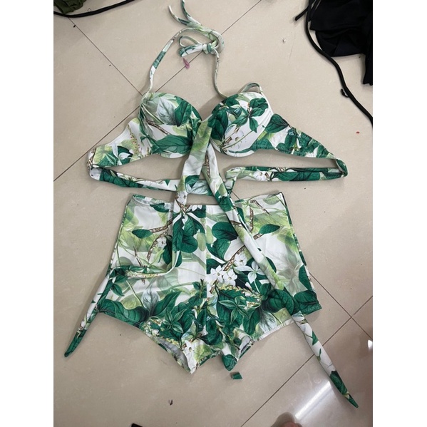 Bikini đi biển áo ngực cột chéo lá xanh- đồ bơi nữ quần short áo nâng ngực màu siêu xinh