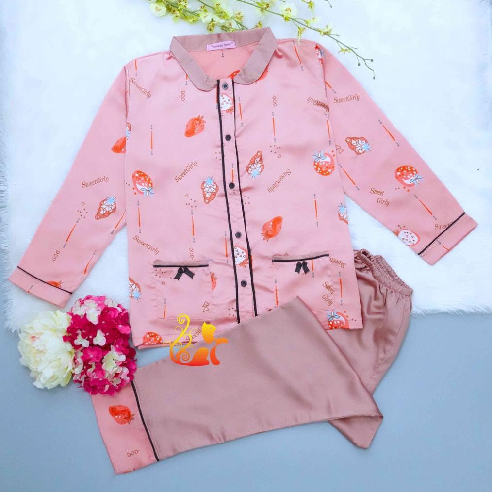 Đồ Mặc Nhà Pijama Satin Lụa Tay Dài Cao Cấp - "Cổ trụ nằm Trái Dâu" Siêu Mát - Dưới 60kg ❕