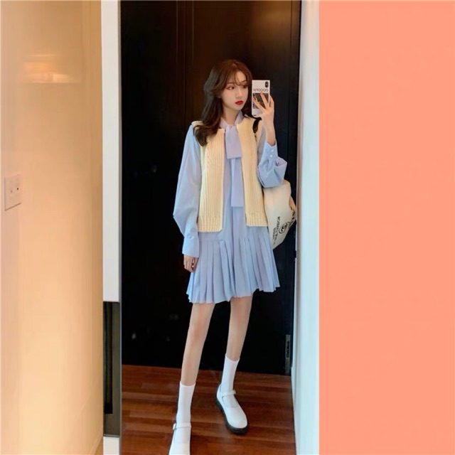 (Order) Set váy sơ mi dập ly + áo khoác len
