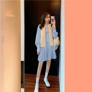 Set váy sơ mi dập ly + áo khoác len