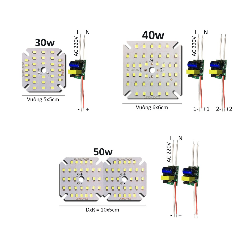 Bảng bo vỉ mạch Led 30w 40w 50w mắt chip Led 2835 siêu sáng +nguồn driver AC220V MLC-30-50x