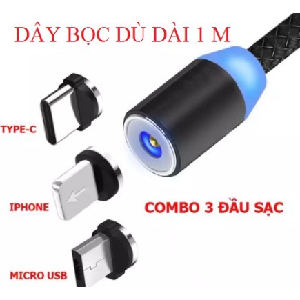 Cáp Sạc Nam Châm 3 Đầu Android/ Type C Và lightning - 360 Độ Dây Dù Siêu Bền dài 1m - Bảo hành 12 tháng
