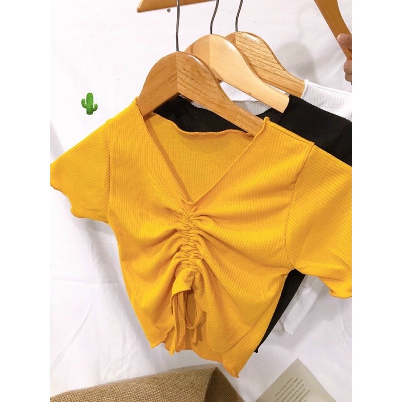 🍀Áo thun croptop cuốn biên dây rút giữa