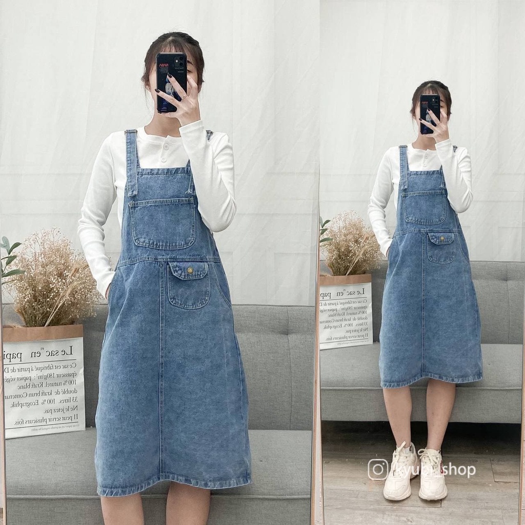 Yếm Váy Jean Dài Ulzzang 2 dây có túi trước [Có Set ]  - Set Váy Yếm Kyubi POMI VYJ01