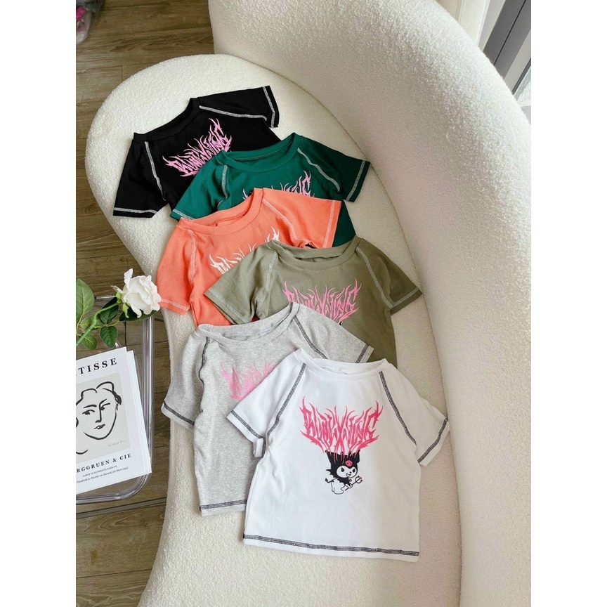 Áo croptop tay ngắn in hình viền chỉ chất thun gân siêu hot
