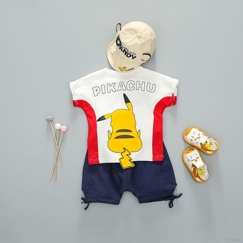 Set Áo Sơ Mi Tay Ngắn Hình Pikachu + Quần Short Thiết Kế Đơn Giản Thời Trang Mùa Hè Dành Cho Bé Trai