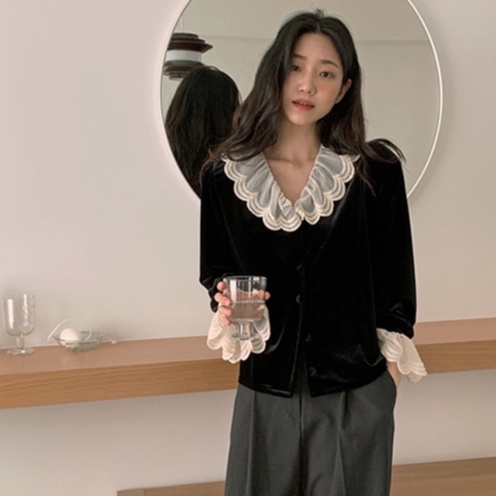 Áo sơ mi nhung SUXI tay dài dáng rộng cổ phối ren thời trang mùa thu phong cách Hàn Quốc