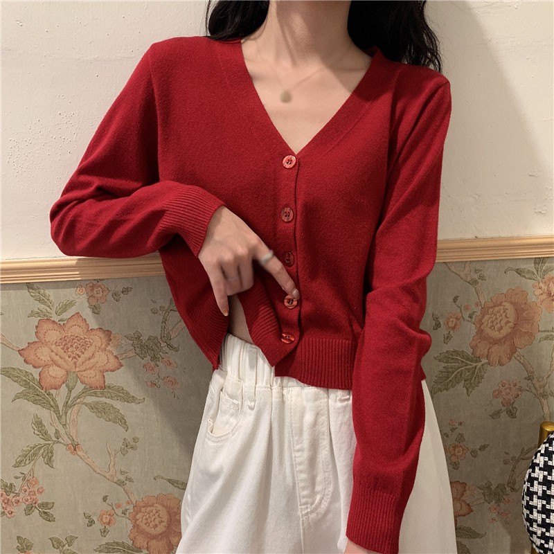 Áo Sweater Dệt Kim Tay Dài Thiết Kế Cổ Chữ V Màu Trơn Thanh Lịch