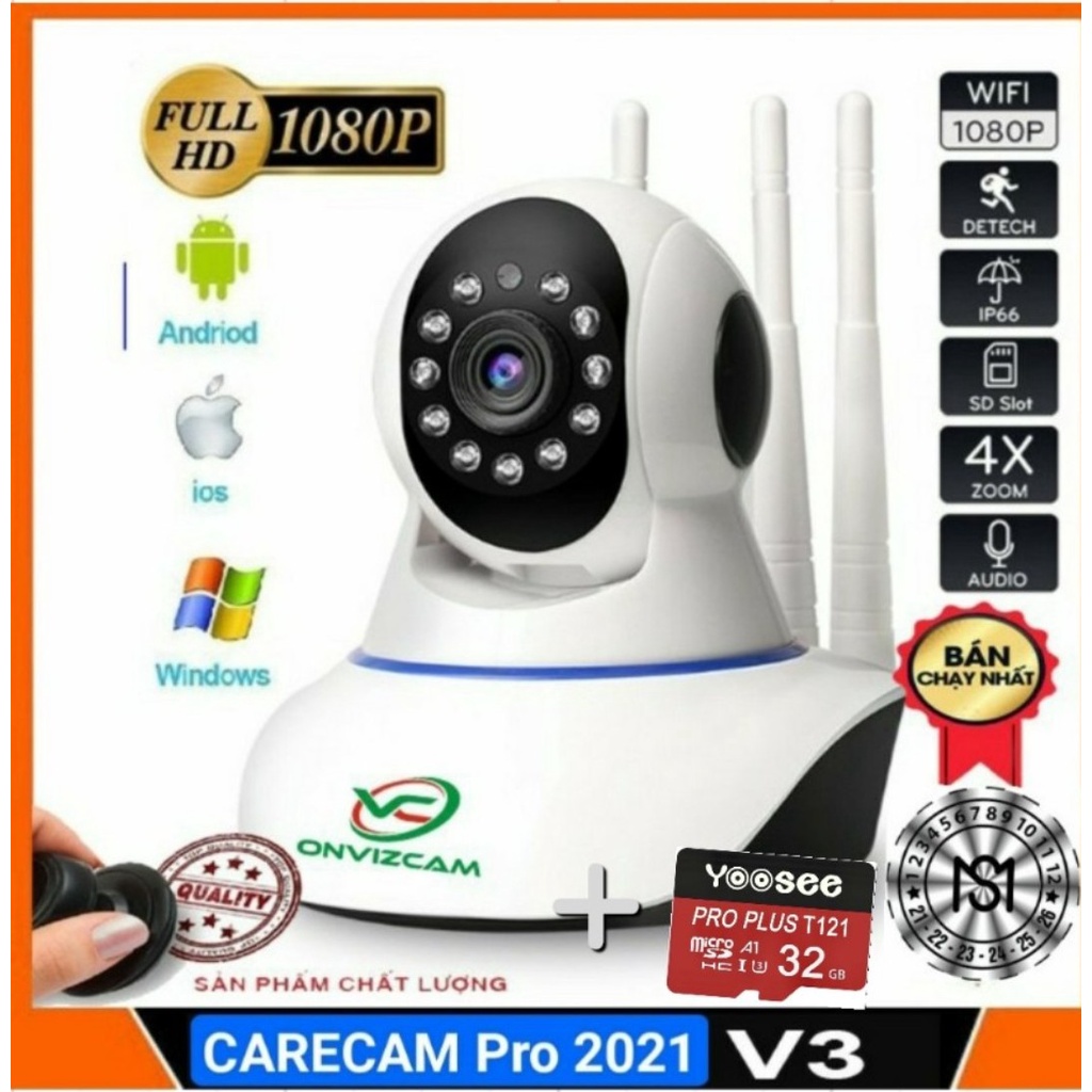 Camera Wifi CareCam 3 ănten 2.0Mpx, siêu nét, đàm thoại 2 chiều, Xoay 360 độ, Báo động chống trộm