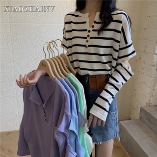 Xiaozhainv Áo thun chất liệu dệt kim dáng rộng dài tay thời trang Hàn Quốc
