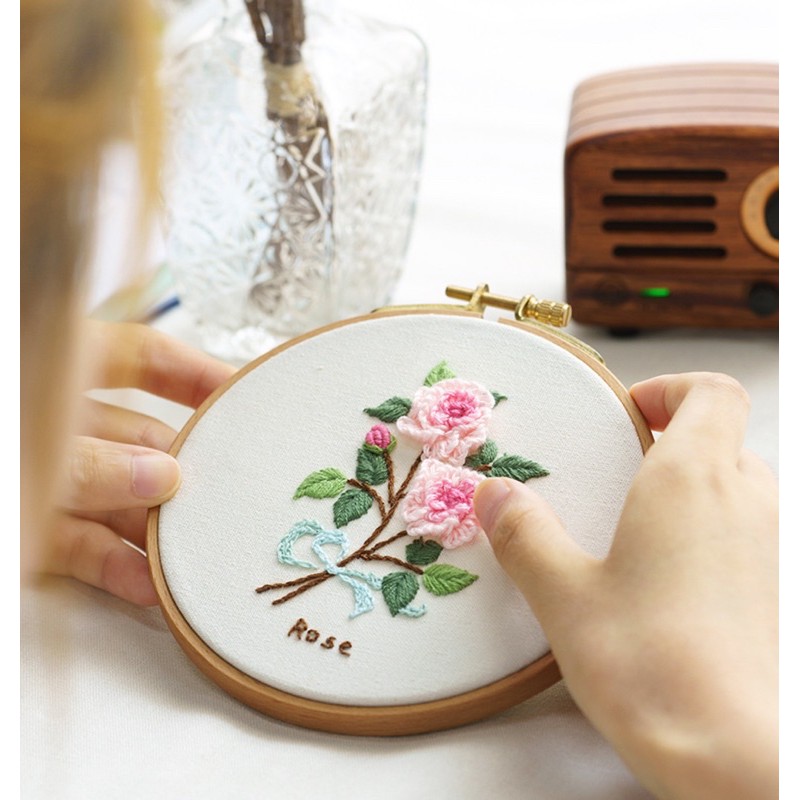 Bộ Kit DIY tập thêu tay hoa Vintage đầy đủ kim chỉ vải thêu thủ công tự làm quà tặng ý nghĩa lenmade