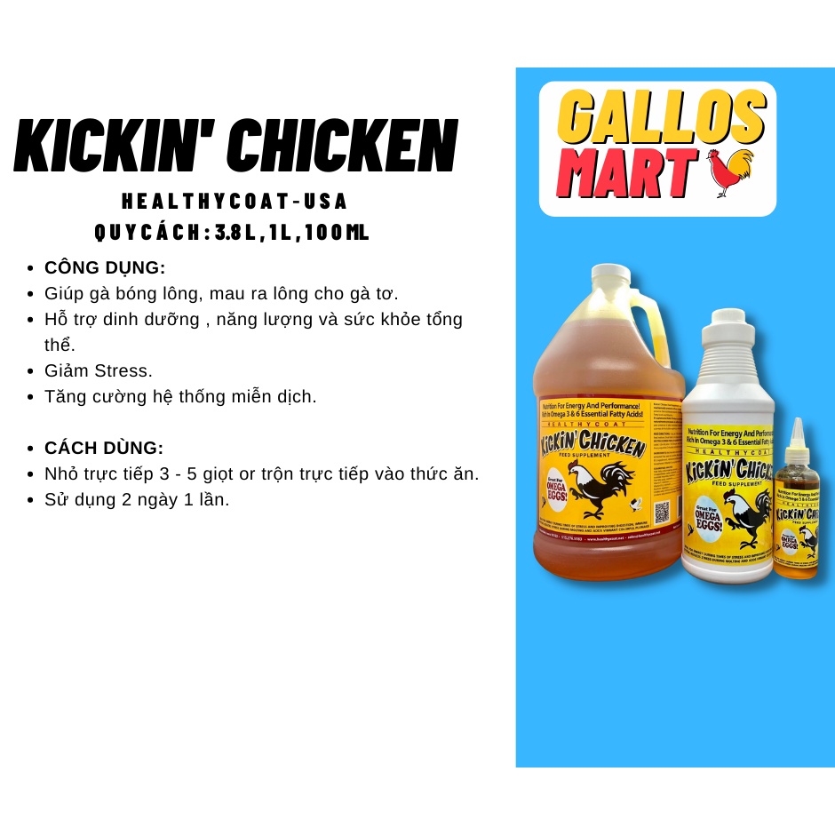 KICKIN CHICKEN - CHAI 100ML - CUNG CẤP DINH DƯỠNG GIÚP BÓNG LÔNG CHO GÀ ĐÁ