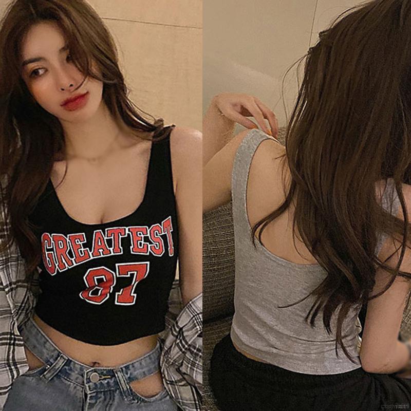 Áo Croptop Sát Nách Cổ Chữ U In Chữ Phong Cách Hàn Quốc