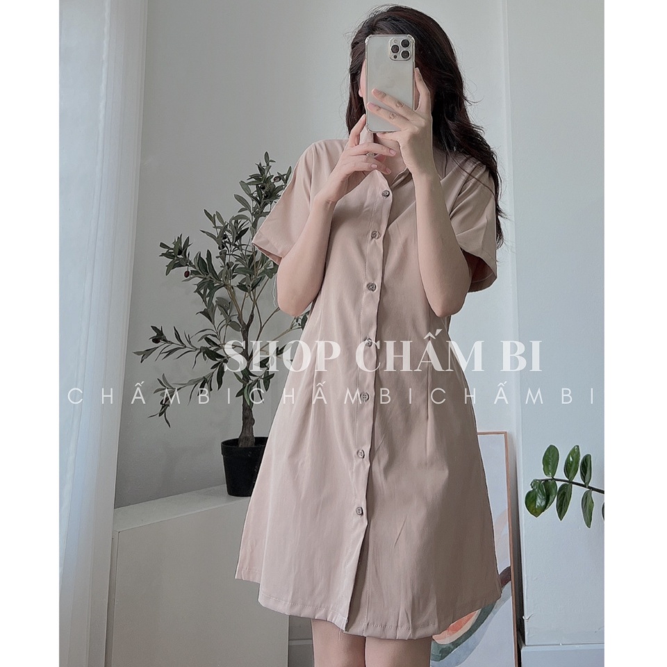 [XẢ HÀNG] Váy sơ mi kiểu nữ V.112, Váy form chữ A chất đũi xước mát mẻ cùng xếp ly hông - Thời trang nữ Chấm Bi