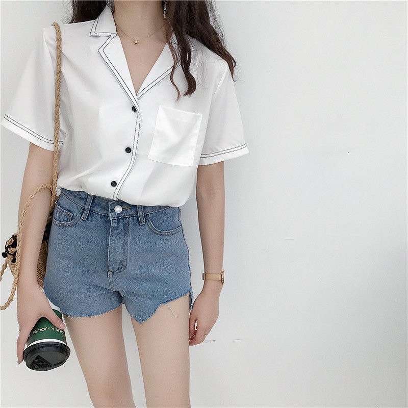Áo Sơ Mi Kiểu Nữ Tay Ngắn MOLA cổ Vest Phong Cách Công sở Vintage Hàn Quốc Cộc Tay Nữ