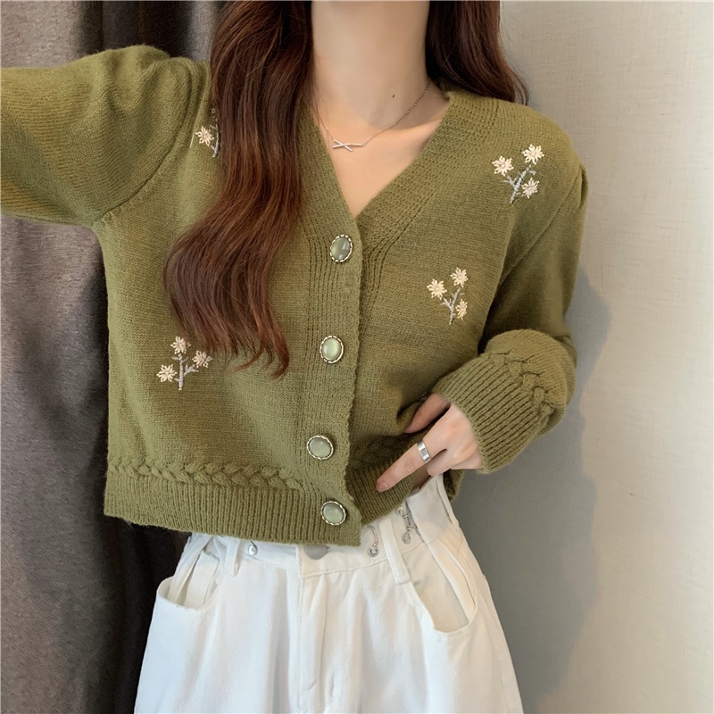 Áo Sweater Tay Dài Thêu Họa Tiết Xinh Xắn Phong Cách Hàn Quốc