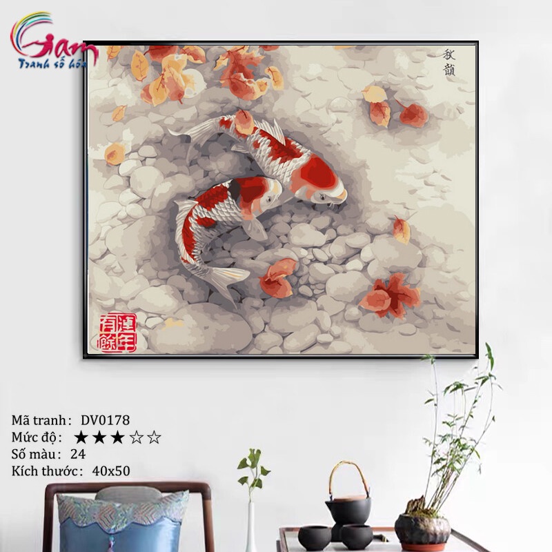 Tranh số hoá cá koi Liên niên hữu dư GAM tự tô màu đã căng khung 40x50cm dày 2.5cm DV0178