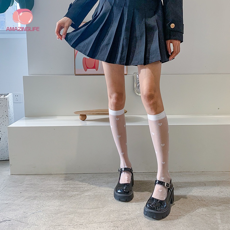Vớ Cổ Cao Qua Đầu Gối Màu Đen Trong Suốt In Họa Tiết Trái Tim Phong Cách Nhật Bản Thời Trang Cho Nữ
