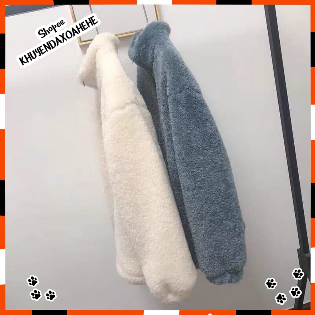AK007 Áo khoác lông cừu cổ cao tay bồng dáng babydoll cute, Áo lông mùa đông dáng rộng khóa kéo BBD dễ thương