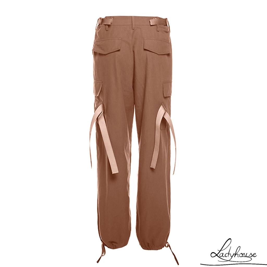 Quần Baggy Lưng Thấp Màu Trơn Phong Cách Đường Phố Vintage Có Túi Màu Đen / Xanh Lá / Hồng Dành Cho Nữ