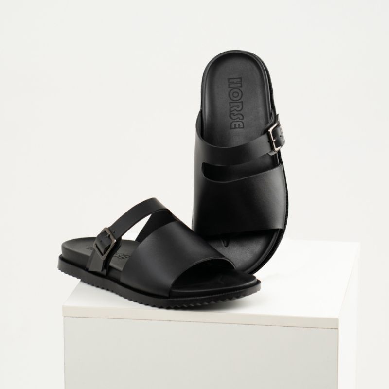 Dép da nam nữ couple, dép quai ngang có khóa da bò cao cấp thương hiệu HORSE đế cao su non QK01