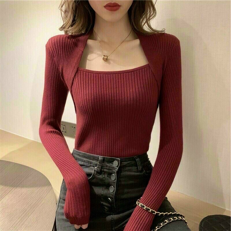 Áo gân tăm tay dài nữ cổ vuông chéo xinh xắn