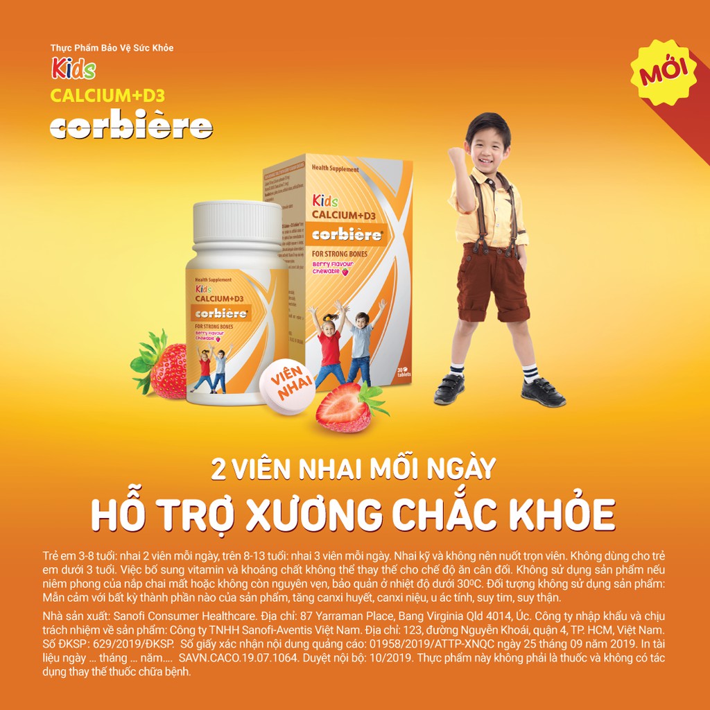 Viên Nhai Bổ Sung Canxi Cho Bé Kids Calcium D3 Corbiere 30 viên