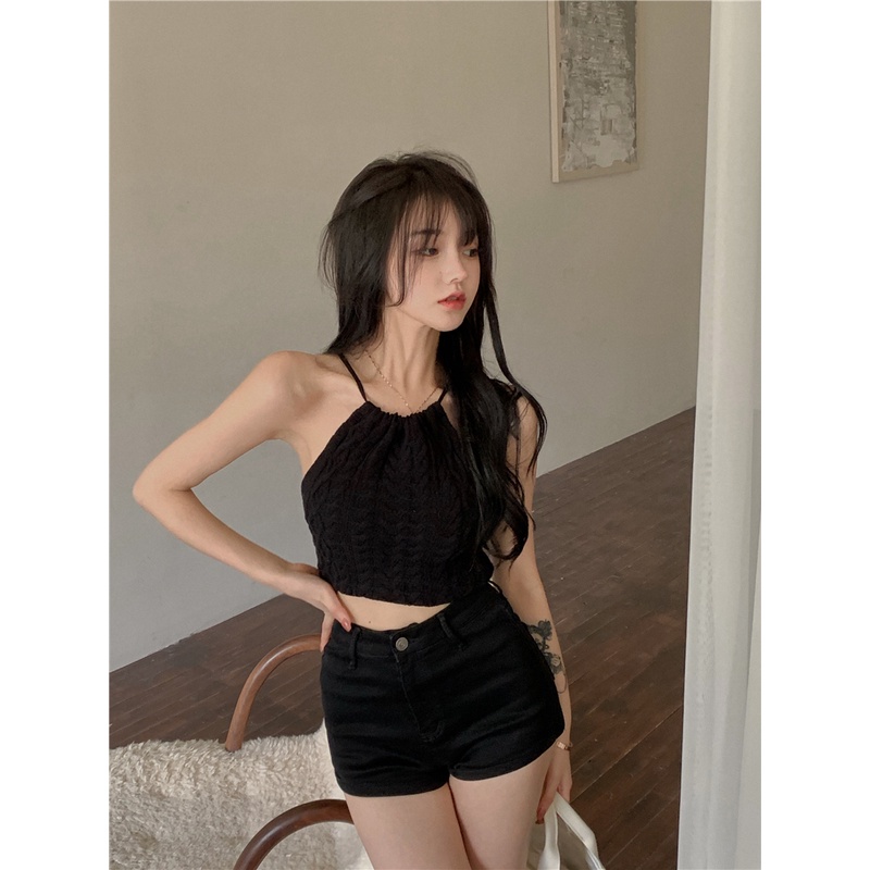 Áo hai dây croptop cổ yếm hở lưng vải len dệt kim nữ A2S17