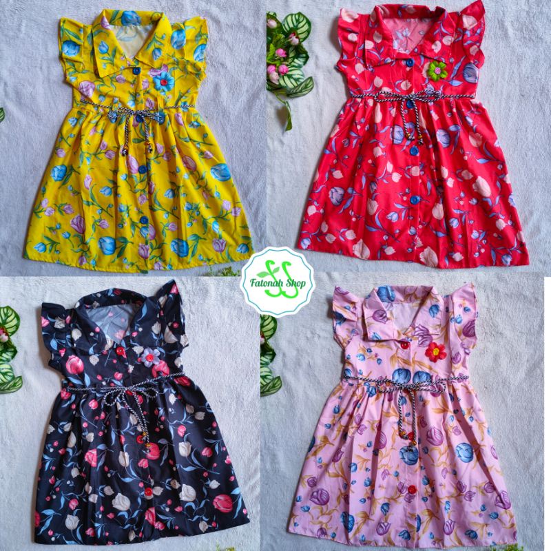 Đầm In Hoa tulip Phối Nút Thời Trang Cho Bé 1-2 Tuổi