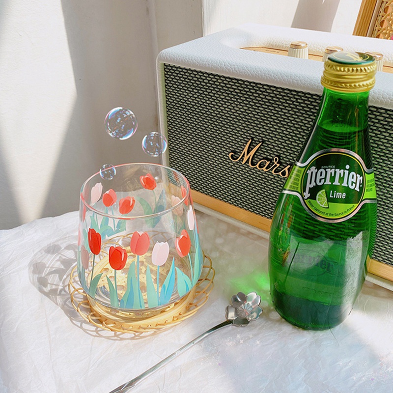 Ly thủy tinh uống nước họa tiết hoa tulip đơn giản phong cách retro đáng yêu