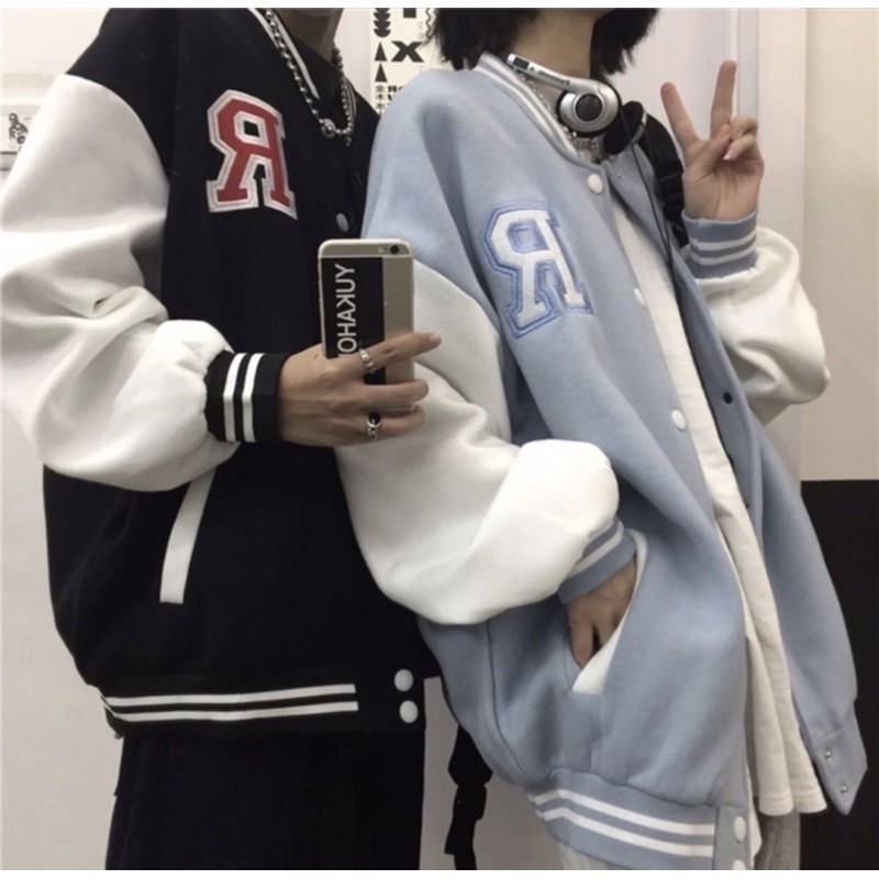 [Có clip áo] Áo bomber- Áo bóng chày màu xanh ngọc- đen trắng chữ R shop jum.closet | BigBuy360 - bigbuy360.vn
