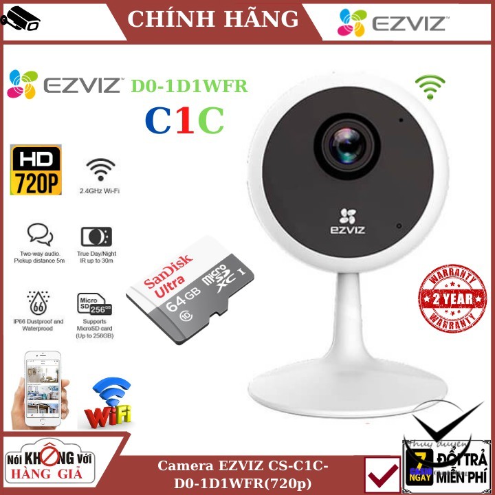 Camera Wifi Ezviz CS-C1C-D0-1D1WFR(720p) , cảnh báo chuyển động , Âm thanh 2 chiều , bảo hành chính hãng