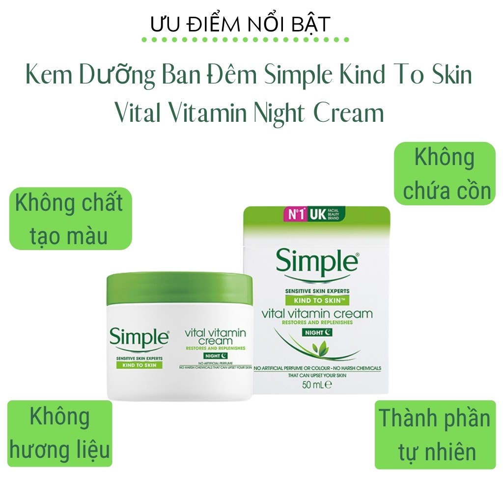 Kem dưỡng ẩm Cho Da Ban Đêm SIMPLE Kind To Skin Vital Vitamin Night Bổ Sung Dưỡng Chất Phục Hồi Da (50ml)