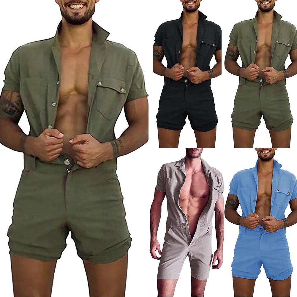 Mens One Piece Combat Shorts Workout Playsuit Lapel Buttons Pocket Cargo Summer Mens Casual Short Sleeve Rompers