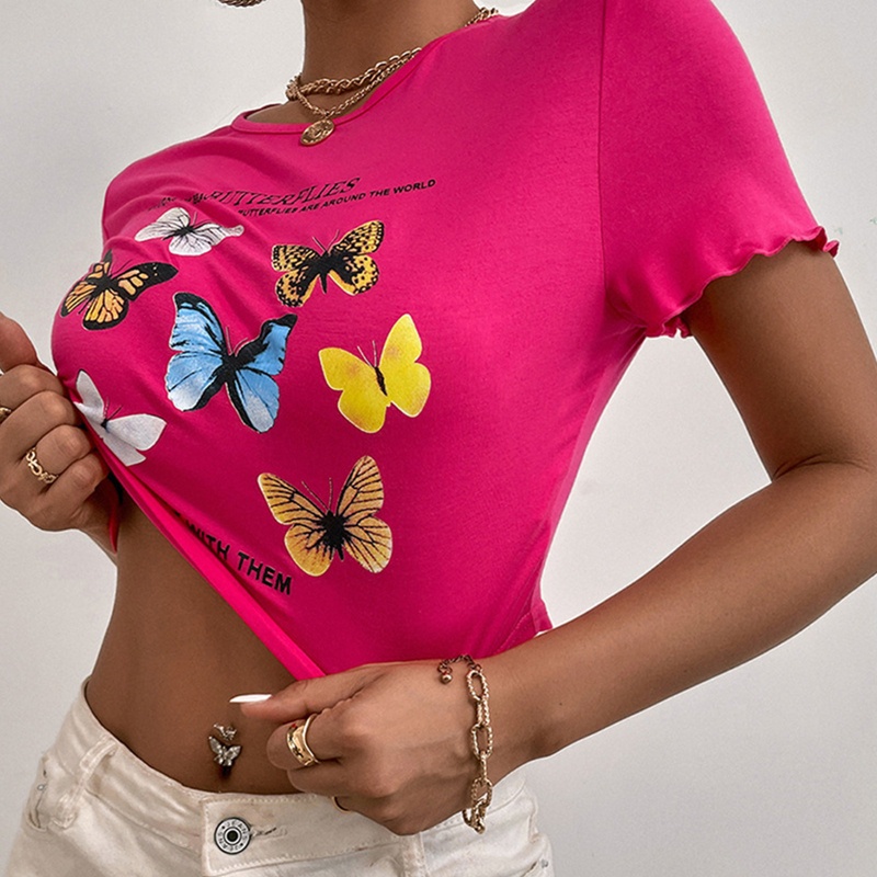 Áo Thun Crop Top Tay Ngắn Phối Bèo Họa Tiết Bướm Nhiều Màu Thời Trang Mùa Hè Cho Nữ