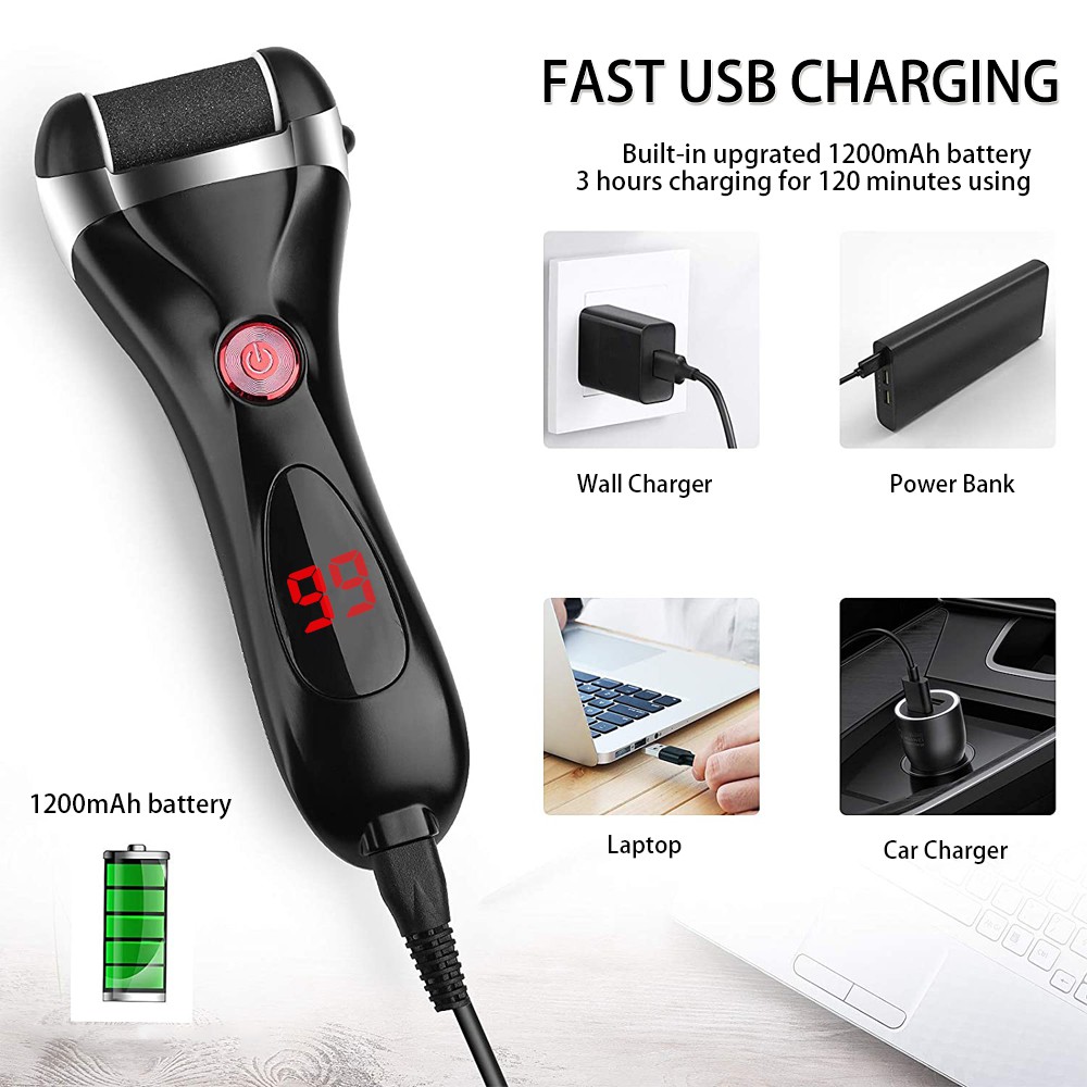 Máy tẩy tế bào chết TOGEWITHU điện/ tẩy vết chai chân chạy màu trắng/ đen với 3 đầu lăn