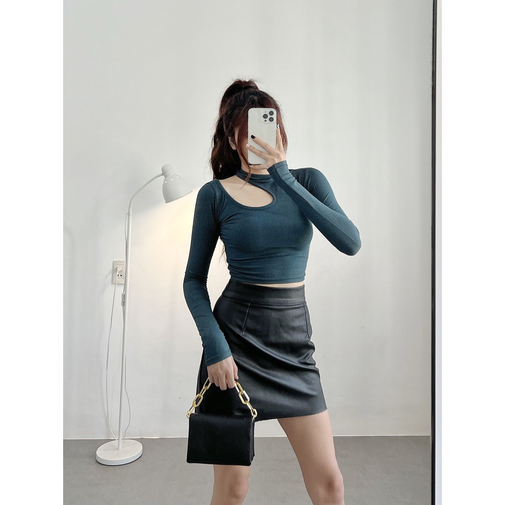 Áo croptop nữ tay dài HHVINTAGE kiểu cắt bên vai thun co giãn Top A36